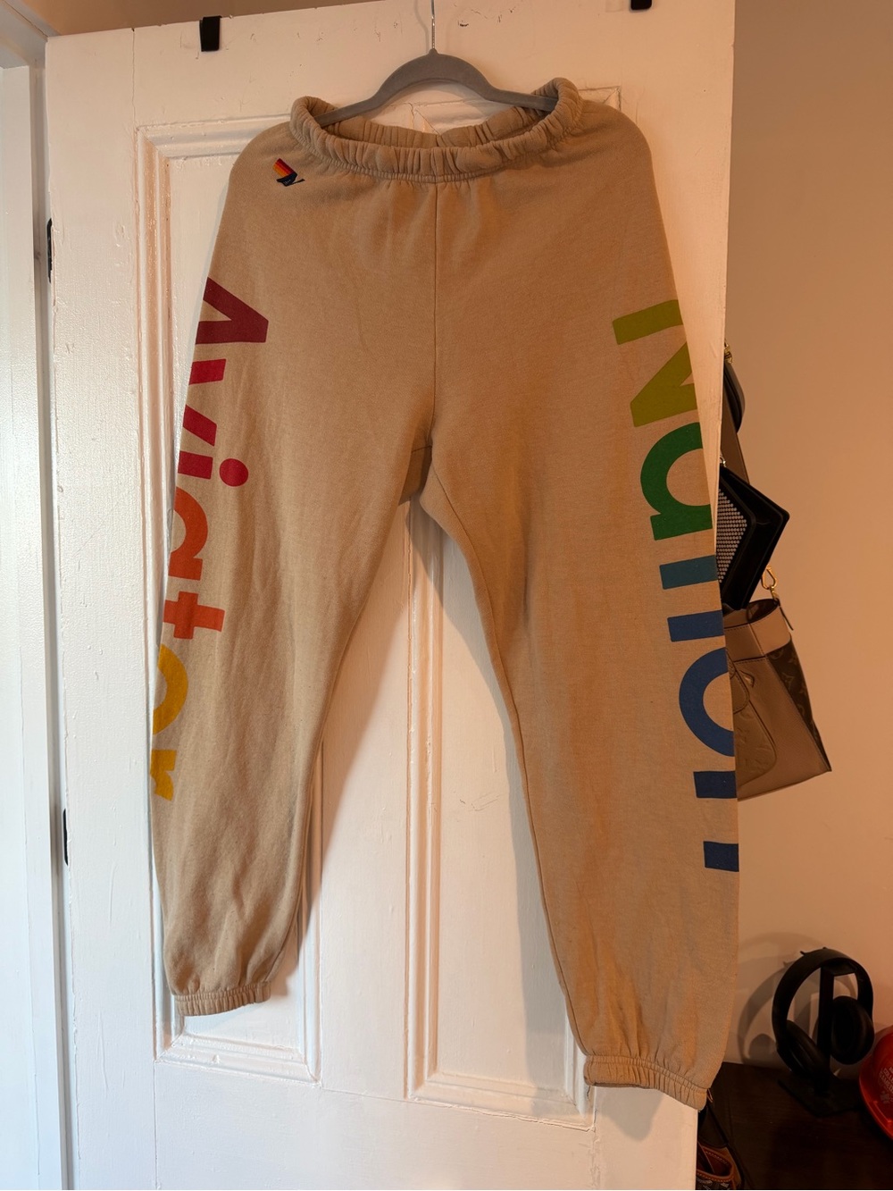 Aviator Nation Beige Sweatpants with Rainbow Side Print